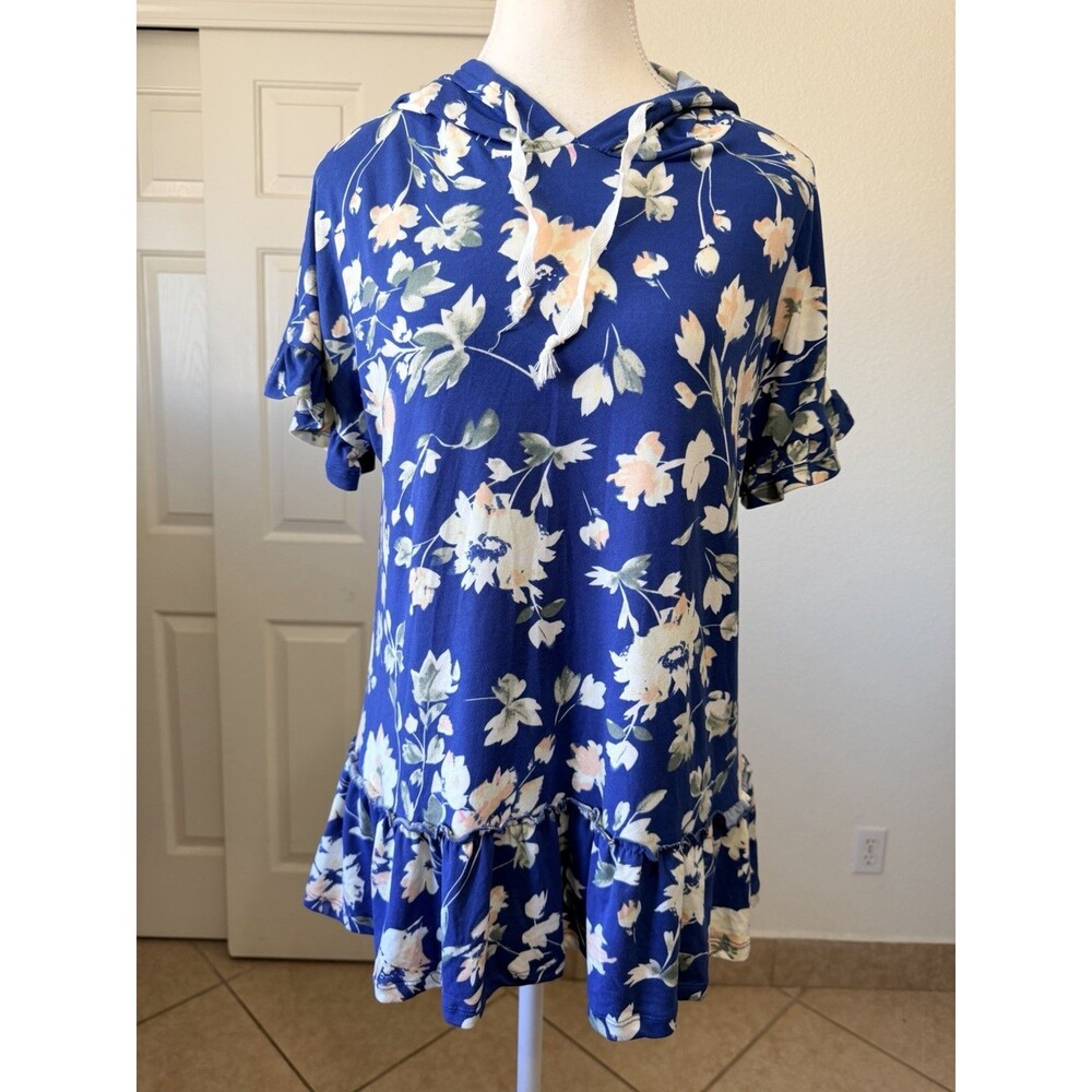 Ninexis Women's Floral Hoodie Top M Blue Ruffle Hem Short Sleeve Boho - Picture 2 of 15